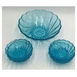 Vintage Blue Depression Glass Shell Bowl Set Scalloped Swirl Pattern 7-Piece
