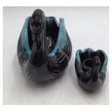 Vintage Black Swan Ceramic Planter Set Teal Drip Glaze Mother and Baby Novelty