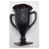 Vintage Black Amethyst Glass Vase Set Hand-Painted Fairy Motif Scalloped Rim & Bud Vase