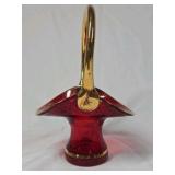 Vintage Ruby Red Glass Basket Vase – Gold Overlay Floral Design with Handle