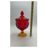 Vintage Amber & Ruby Red Glass Candy Jar – Floral Relief with Finial Lid