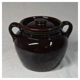 Vintage Brown Glazed Crockery Bean Pot – Two Handles with Lid, USA Marked