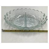 Vintage Clear Pressed Glass Divided Relish Dish Scalloped Zigzag Rim Diamond Pattern Center Handle