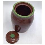 Vintage Brown Glazed Ceramic Canister with Hand-Painted Floral Design Green Lid