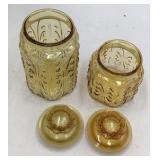 Pair of Vintage Amber Depression Glass Canisters Octagonal Faceted Floral Embossed with Lids
