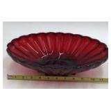 Vintage Red Glass Scalloped Fan Bowl Sunburst Center Raised Foot