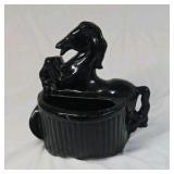Vintage Black Ceramic Rearing Horse Planter Glossy Glaze Open Back Novelty
