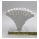 Vintage Fenton White Milk Glass Hobnail Ruffled Fan Vase Cone Shape