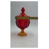 Vintage Amber & Ruby Red Glass Candy Jar – Floral Relief with Finial Lid