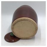 Vintage Brown Glazed Ceramic Canister with Hand-Painted Floral Design Green Lid