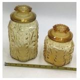 Pair of Vintage Amber Depression Glass Canisters Octagonal Faceted Floral Embossed with Lids