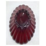 Vintage Red Glass Scalloped Fan Bowl Sunburst Center Raised Foot