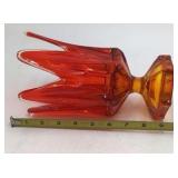 Vintage Blown Orange Amber Glass Tulip Vase Scalloped Petal Rim Hexagon Base