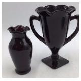 Vintage Black Amethyst Glass Vase Set Hand-Painted Fairy Motif Scalloped Rim & Bud Vase