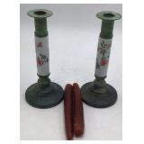 Vintage Painted Metal Candlesticks Green Patina Floral Porcelain Sleeves Pair