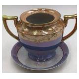 Vintage Ceramic Lot – Souvenir Bamboo Vase, Chinese Boy Figurine, Blue Cordial, Lusterware Sugar Bowl & Saucer, Footed Porcelain Bowl