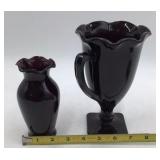 Vintage Black Amethyst Glass Vase Set Hand-Painted Fairy Motif Scalloped Rim & Bud Vase