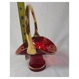 Vintage Ruby Red Glass Basket Vase – Gold Overlay Floral Design with Handle