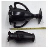 Vintage Black Amethyst Glass Vase Set Hand-Painted Fairy Motif Scalloped Rim & Bud Vase