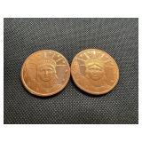 Two Copper One Ounce Rounds Liberty Design