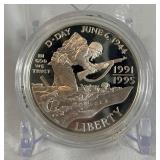 1995 1991-1995-P World War II 50th Anniversary Proof Silver Dollar  - just the coin in a protective plastic case