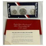 1976 1776-1976 Bicentennial 40% Silver Uncirculated 3 Coin Set - original pacakge with COA, red packet has fire damage