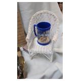 Collectibles, shell wallet purse, cups, doll chair and misc