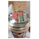 Coca Cola Dishes , and unopened tin with railroad toy on top