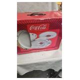 Coca Cola Dishes , and unopened tin with railroad toy on top