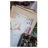 Vintage Wood Blocks, Sewing Box, Handkerchiefs, etc