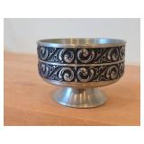 Vintage Pewter Footed Bowl by Vaga Norsk Tinn (Norway) / Ornate Rosemaling design / #31 3 1/2" x 5"