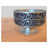 Vintage Pewter Footed Bowl by Vaga Norsk Tinn (Norway) / Ornate Rosemaling design / #31 3 1/2" x 5"