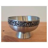 Vintage Pewter Footed Bowl by Vaga Norsk Tinn (Norway) / Ornate Rosemailing design / #31 3 1/2" x 6 1/2"