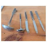 Norwegian Pewter Ladle Spoon (Souvenir of Norway) 9" (x1), Norwegian Letter Opener with Pewter Handle 9" (x2), Norwegian Utensils with Pewter Handle 8-1/2" (x2)