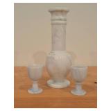 Vintage White Marble Sake Set - Decanter and (2) Small Pedestal Cups
