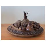 Vintage Hand-Carved Monkey Pod Wood Set of Fruit in Decorative Bowl