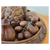 Vintage Hand-Carved Monkey Pod Wood Set of Fruit in Decorative Bowl