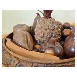 Vintage Hand-Carved Monkey Pod Wood Set of Fruit in Decorative Bowl