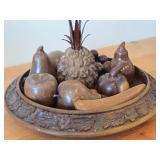 Vintage Hand-Carved Monkey Pod Wood Set of Fruit in Decorative Bowl