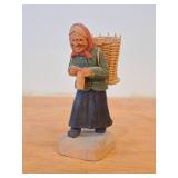 Vintage Woman Carrying a Basket theme Hand Carved Hand-painted Wood Folk Art Figurine by Norsk Husflid Enros