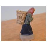 Vintage Woman Carrying a Basket theme Hand Carved Hand-painted Wood Folk Art Figurine by Norsk Husflid Enros