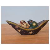 Two Frogs in a Boat theme Hand Carved Hand-painted Wood Folk Art Figurine