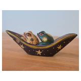 Two Frogs in a Boat theme Hand Carved Hand-painted Wood Folk Art Figurine