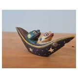 Two Frogs in a Boat theme Hand Carved Hand-painted Wood Folk Art Figurine