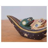 Two Frogs in a Boat theme Hand Carved Hand-painted Wood Folk Art Figurine