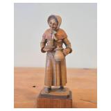 Vintage Peasant Woman Holding Coffee Pot and Cups theme Hand Carved Wood Figurine by Anri (Italy)