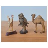 Lot of (3) Vintage Folk Art theme Hand Carved Wooden Figurines - Rooster, Owl, Young Camel
