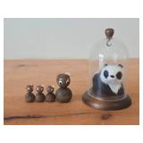 Lot of (5) Vintage Figurines - Panda Bear with Real Fur Covered Wood Figurine with wood base and glass cover, Mid century Modern Teal Wood Cat Family Danish Style 4" long Set of 4