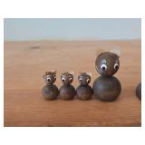Lot of (5) Vintage Figurines - Panda Bear with Real Fur Covered Wood Figurine with wood base and glass cover, Mid century Modern Teal Wood Cat Family Danish Style 4" long Set of 4