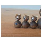 Lot of (5) Vintage Figurines - Panda Bear with Real Fur Covered Wood Figurine with wood base and glass cover, Mid century Modern Teal Wood Cat Family Danish Style 4" long Set of 4